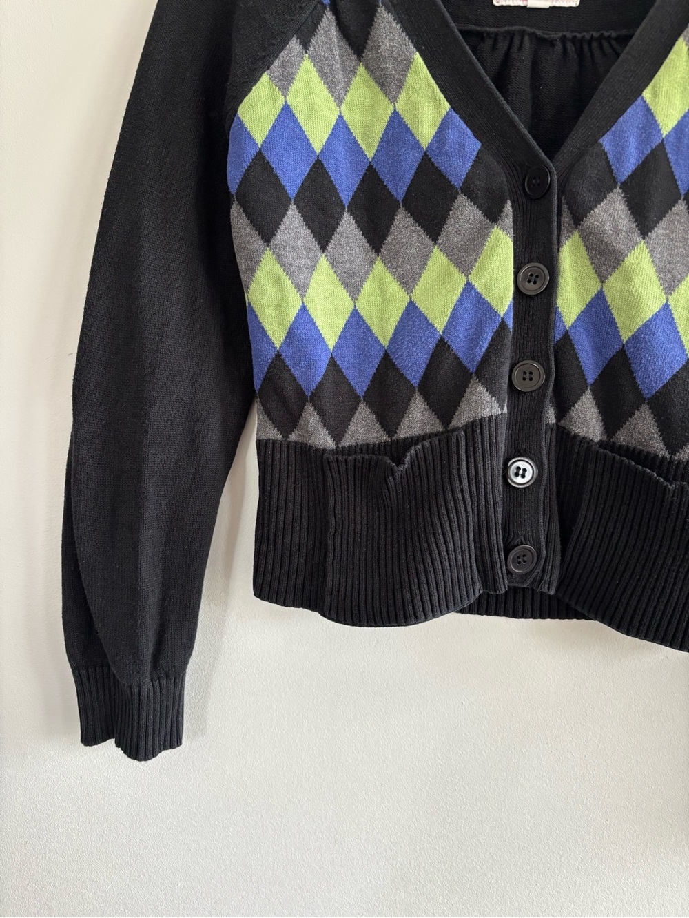 Y2K Argyle V-Neck Cardigan Sweater with Blue & Green Diamonds - Picture 4 of 12